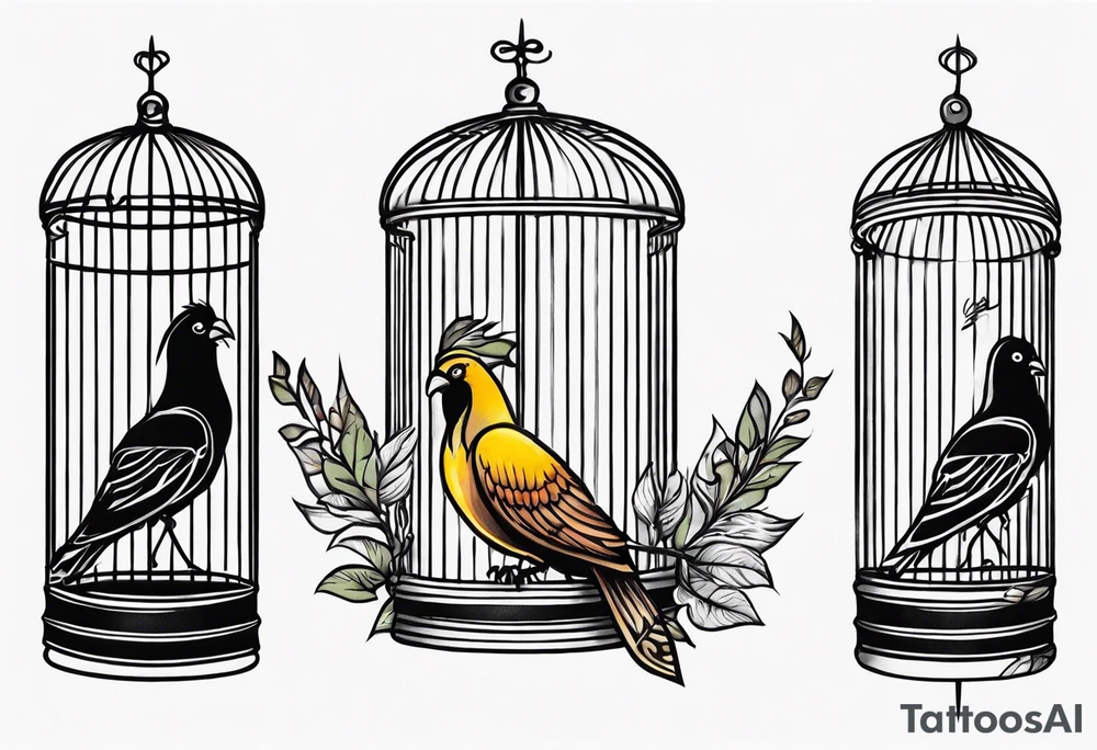 neo traditional decoration only on the left side, on the top of a long bird cage with a too big bird in it. tattoo idea