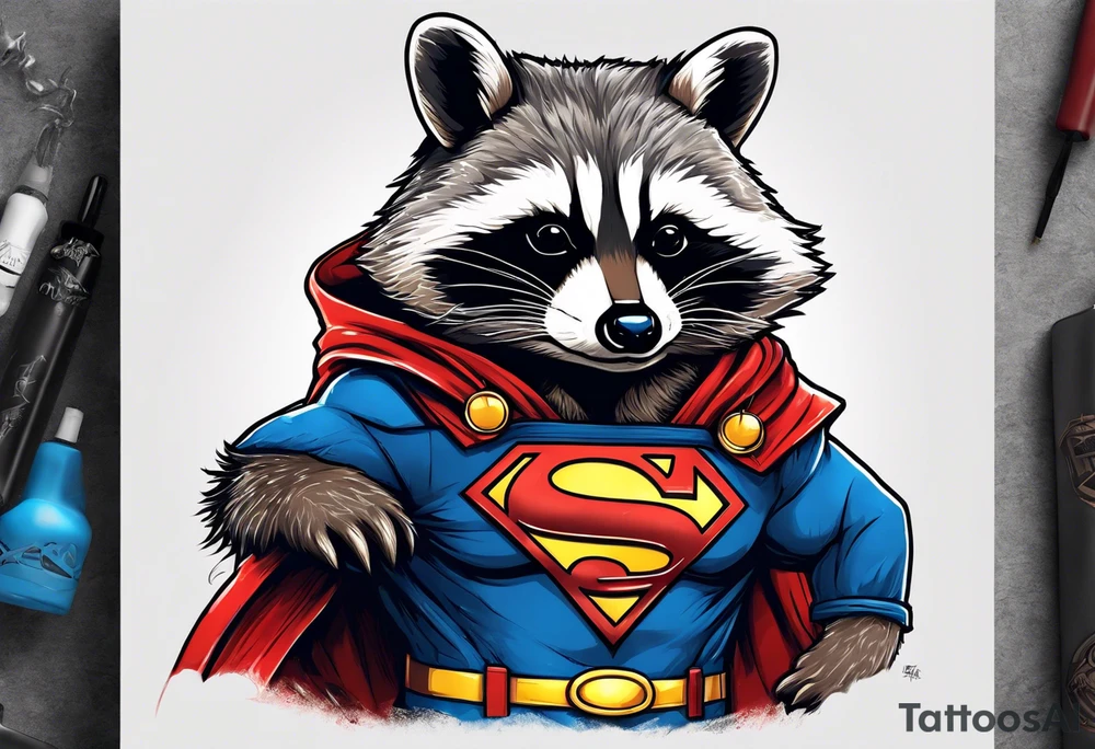 raccoon wearing a Superman hoodie tattoo idea
