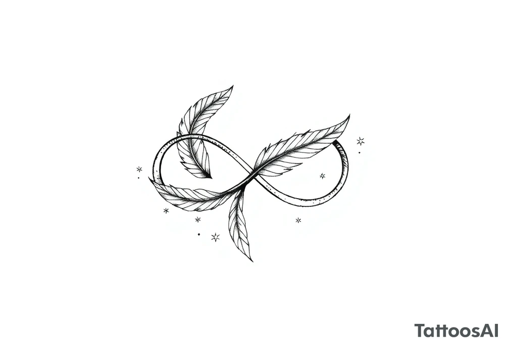 infinity symbol woven with floating feathers and stardust tattoo idea