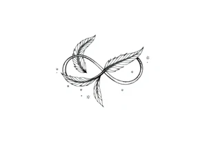 infinity symbol woven with floating feathers and stardust tattoo idea