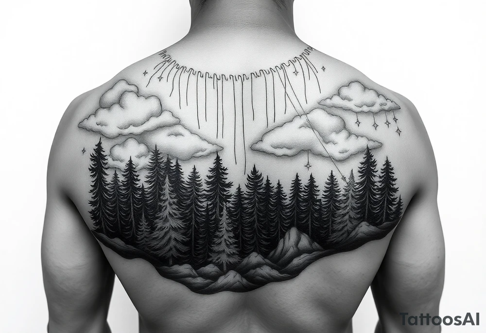 powerful ocean and forrest with rainy clouds with lighting sleeve for arm and stars and clouds tattoo idea