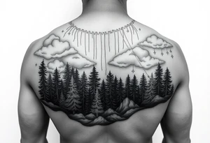 powerful ocean and forrest with rainy clouds with lighting sleeve for arm and stars and clouds tattoo idea