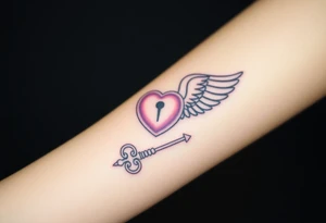 A soft pink and purple cloud lock with angelic wings, and nearby lying a silver key shaped like a shooting star tattoo idea