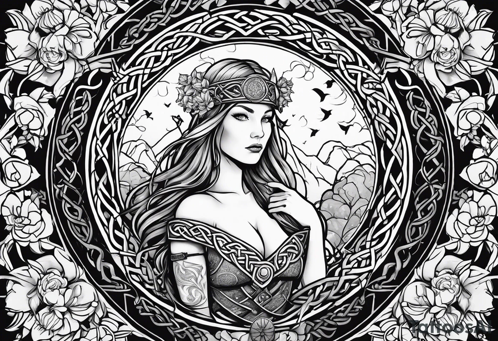 Viking goddess, axes, moonlight, flowers, Celtic, bedroom eyes, circular border, thors hammer tattoo idea