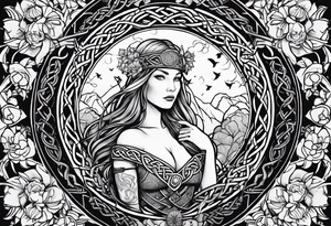 Viking goddess, axes, moonlight, flowers, Celtic, bedroom eyes, circular border, thors hammer tattoo idea