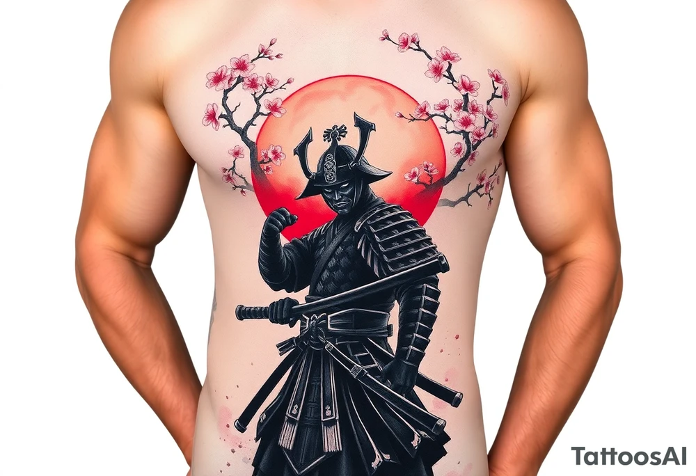 noble samurai warrior silhouette at sunset with cherry blossoms tattoo idea
