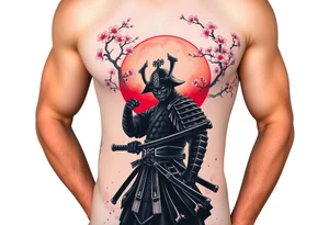 noble samurai warrior silhouette at sunset with cherry blossoms tattoo idea