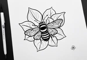 Small black and white minimalist tattoo for forearm of a Hydrangea and a small bee. No color tattoo idea
