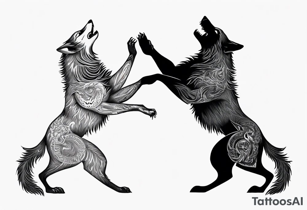 two black wolves dancing on their hind legs. they should be facing each other and obviously dancing. they should be very basic with not many details within their shapes. tattoo idea