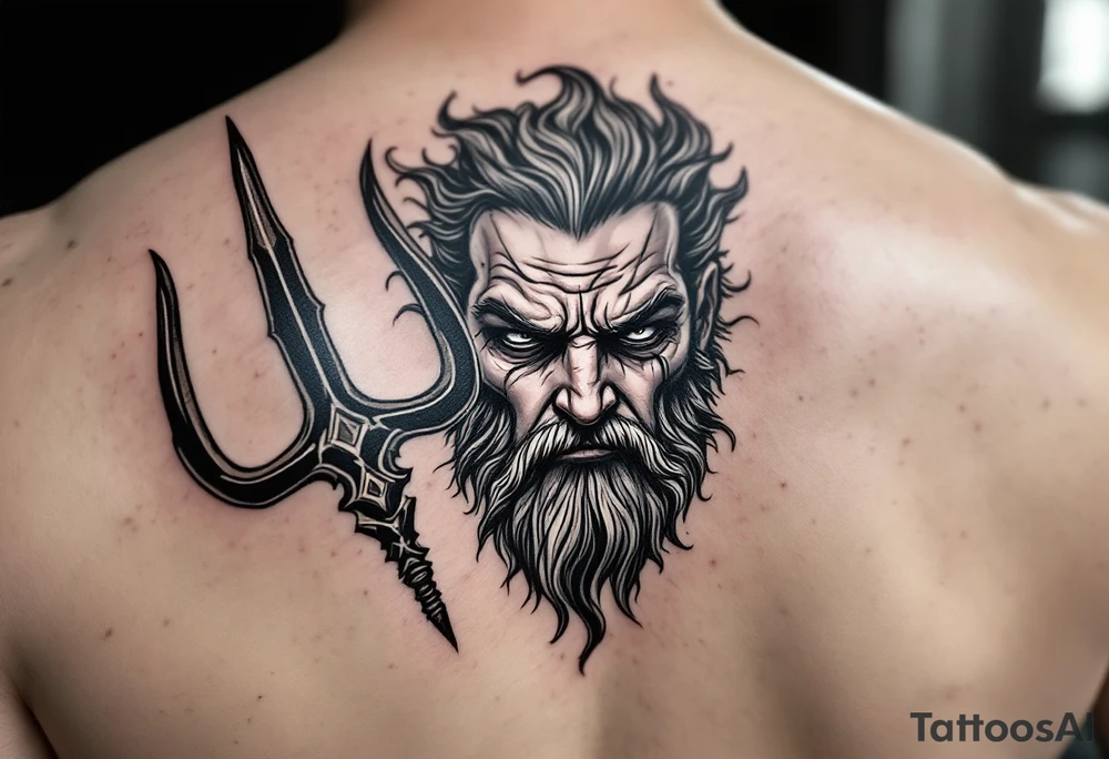 crying poseidon, behind a trident, looking at his nose tattoo idea