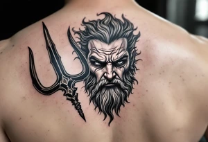 crying poseidon, behind a trident, looking at his nose tattoo idea