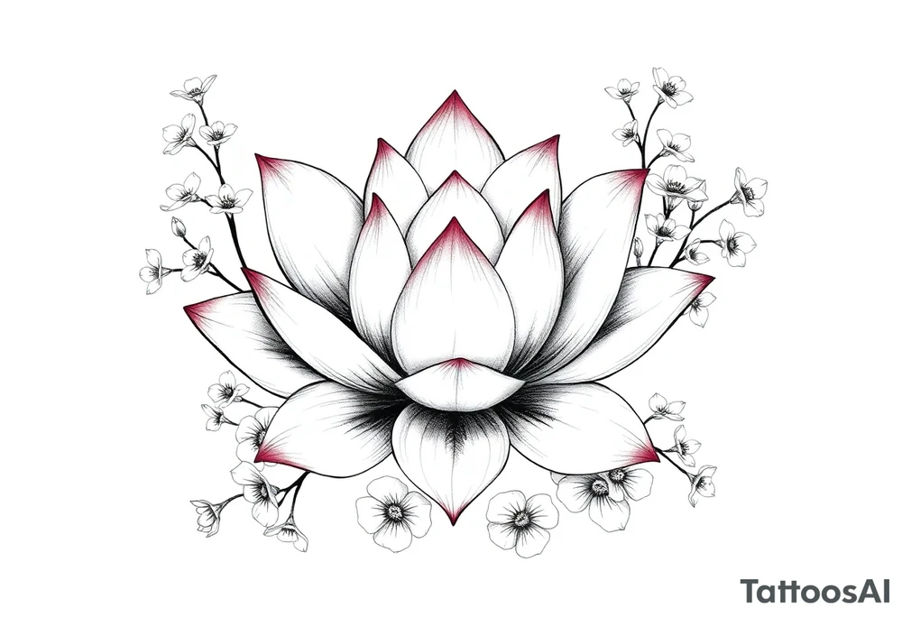 Lotus flower surrounded by forget me nots and peonies tattoo idea