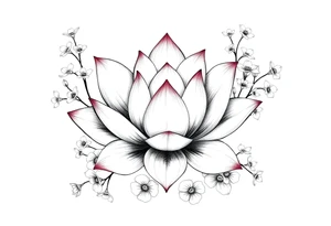 Lotus flower surrounded by forget me nots and peonies tattoo idea