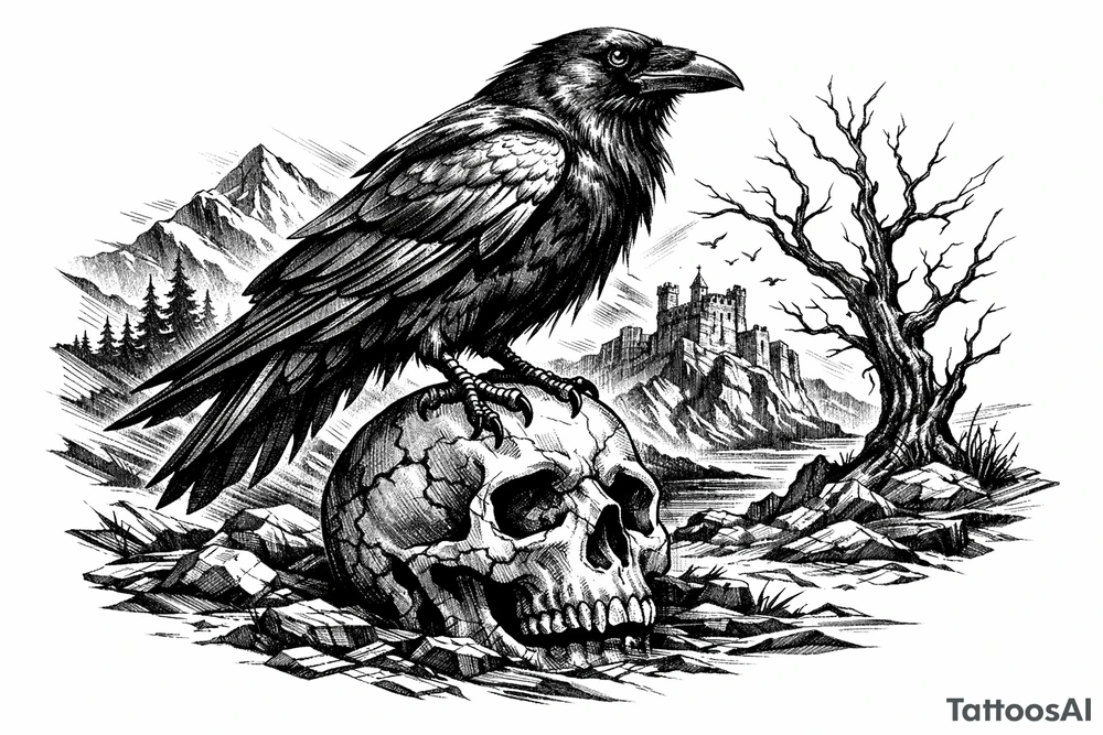 a raven standing on a skull, landscape. tattoo idea