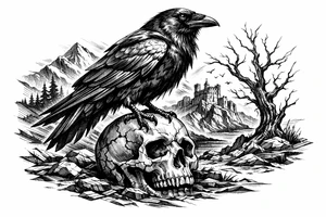 a raven standing on a skull, landscape. tattoo idea