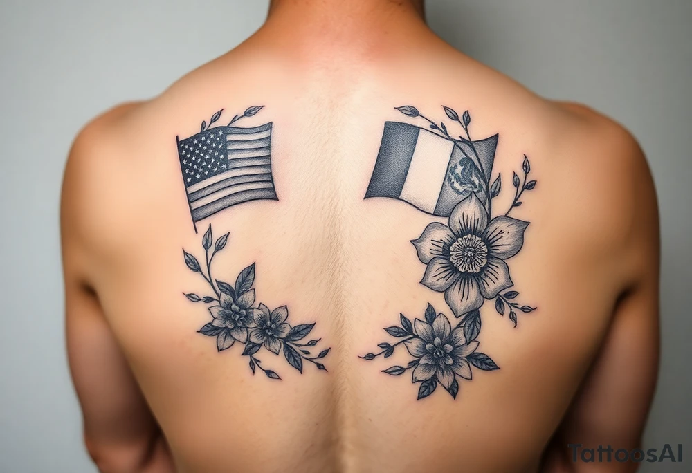 Small, feminine tattoo for placement on my clavical or lower back that reflects new life journey, delicate florals, ornaments and vines. Include U.S and Mexican flags and images of Mexican flowers. Style as if painted on a Mexican tile and include red, green and blue accents. tattoo idea