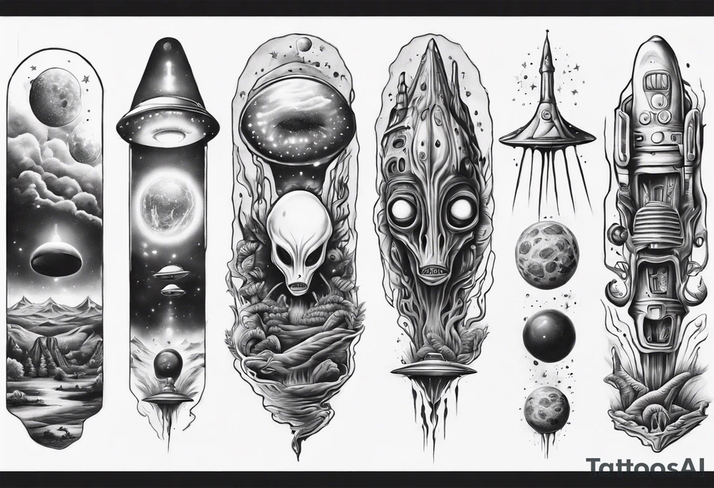 Trippy alien/ufo scene for a leg sleeve tattoo tattoo idea