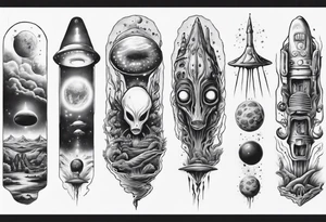 Trippy alien/ufo scene for a leg sleeve tattoo tattoo idea