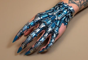 A blue and silver exoskeletal structure integrated with the hand’s contours, mimicking robotic dexterity. tattoo idea