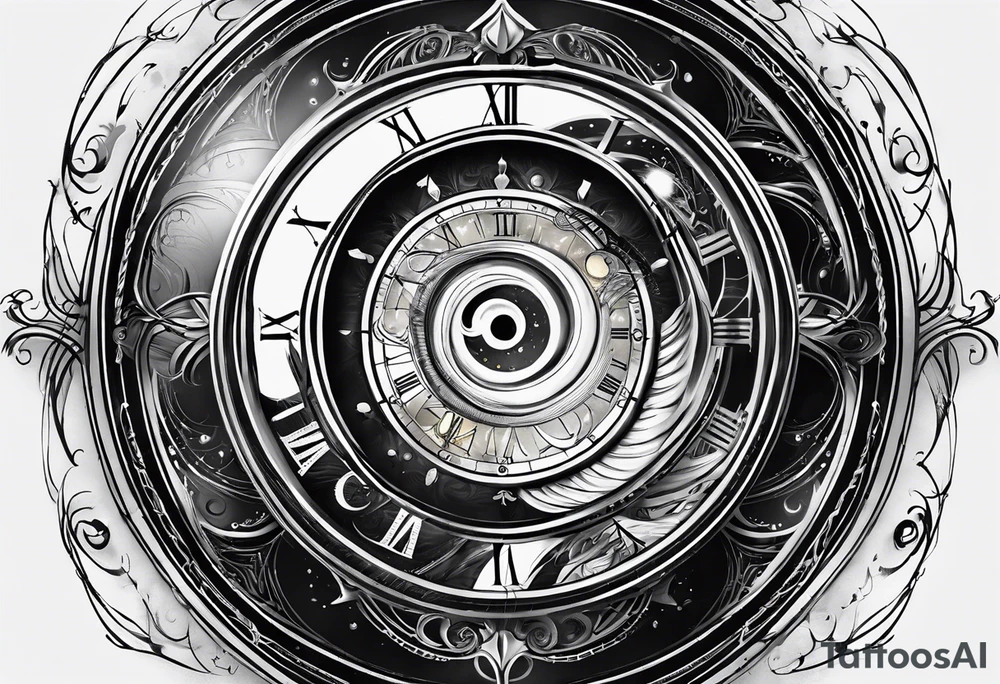 Create a tattoo featuring both light speed trails and a time travel portal. The design should seamlessly blend luminous trails suggestive of near-light-speed travel with a swirling vortex or wormhole symbolizing time travel tattoo idea