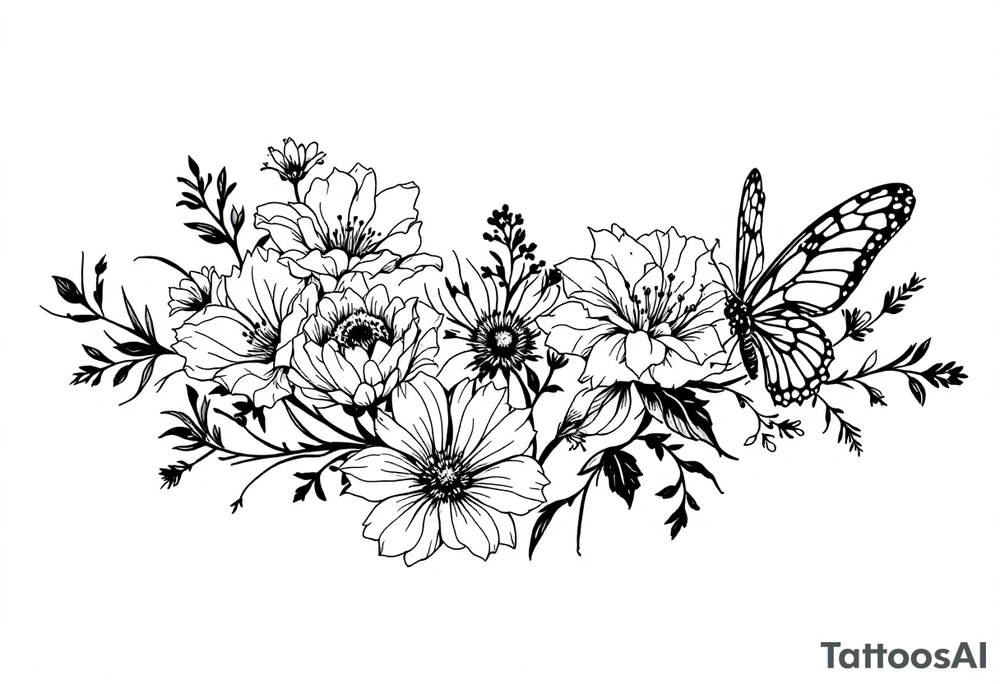 Flowers, heart and buttherfly with name Zackary and Charlie tattoo idea