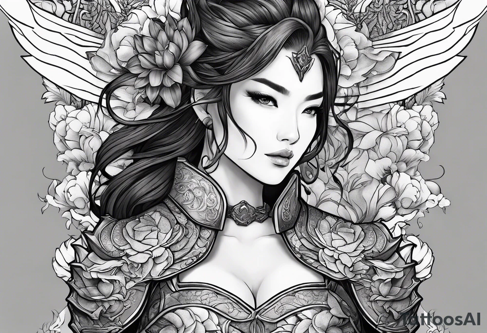 beautiful warrior woman wearing dragon armor and a floral background and a dragon a full picture tattoo idea