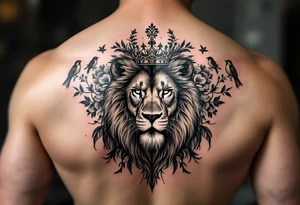 powerful majestic lion with a crown, surrounded by floral ornaments and birds tattoo idea