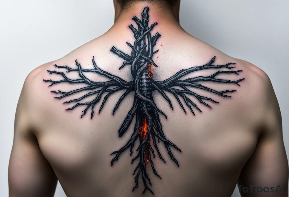 1. “Burnt Offerings”
Theme: Healing through destruction.
Visual: Charred tree roots climbing up your spine, turning into flames halfway, then slowly transforming into skeletal wings—unfinished, like you stopped mid-rebirth. The middle of the spine glows dimly, like coals never fully put out.
Vibe: You survived, but not clean. You carry the burn. tattoo idea