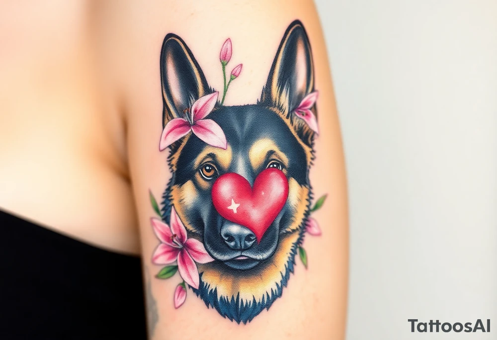 german shepherd looking protective with pink lilies and a sacred heart tattoo idea