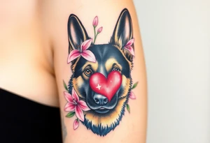 german shepherd looking protective with pink lilies and a sacred heart tattoo idea