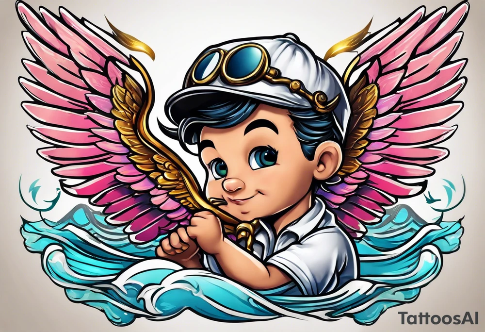 cupido  fly boy with wings, background sea tattoo idea