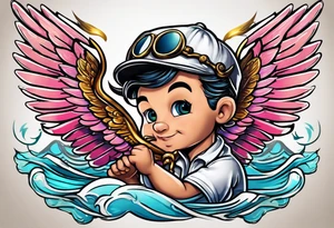 cupido  fly boy with wings, background sea tattoo idea