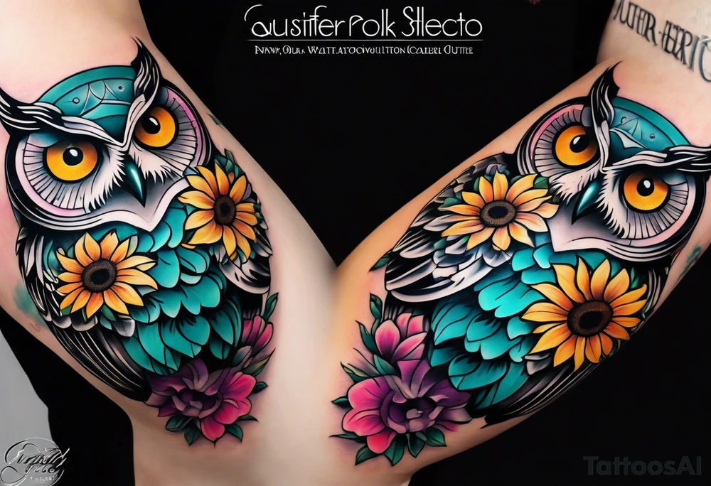 Leg Sleeve with black and white owl that's lightly shaded teal, pink and purple and yellow sunflowers tattoo idea