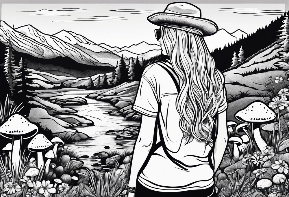 Straight long blonde hair hippie girl in distance holding mushrooms in hand facing away toward mountains and creek surrounded by mushrooms tee shirt and hiking pants tattoo idea