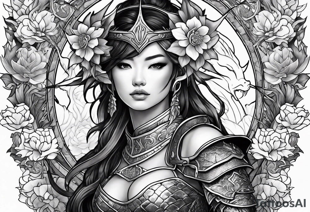 beautiful warrior woman wearing dragon armor and a floral background and a dragon a full picture tattoo idea