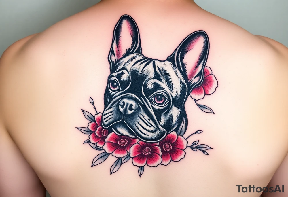French bulldog, feminine ruby color flowers tattoo idea