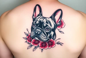 French bulldog, feminine ruby color flowers tattoo idea