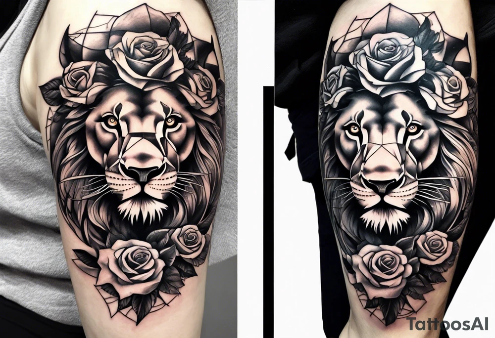 lion side face clock rose cross chain wing on thigh tattoo idea