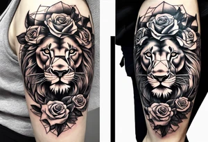 lion side face clock rose cross chain wing on thigh tattoo idea