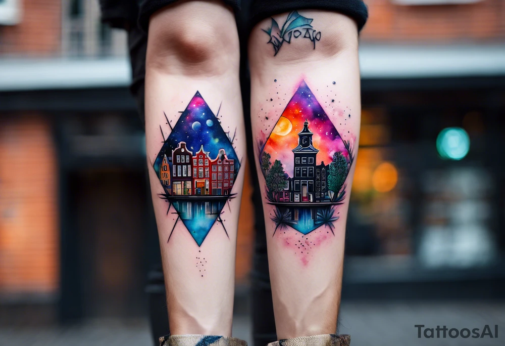 Arm tattoo, Animals, birds, stag, fox, watercolour of animals made from glass in Amsterdam featuring Amsterdam buildings and Amsterdam canal in galaxy colours featuring pineapples as space colours, galaxy colours, night sky, pineapples tattoo idea