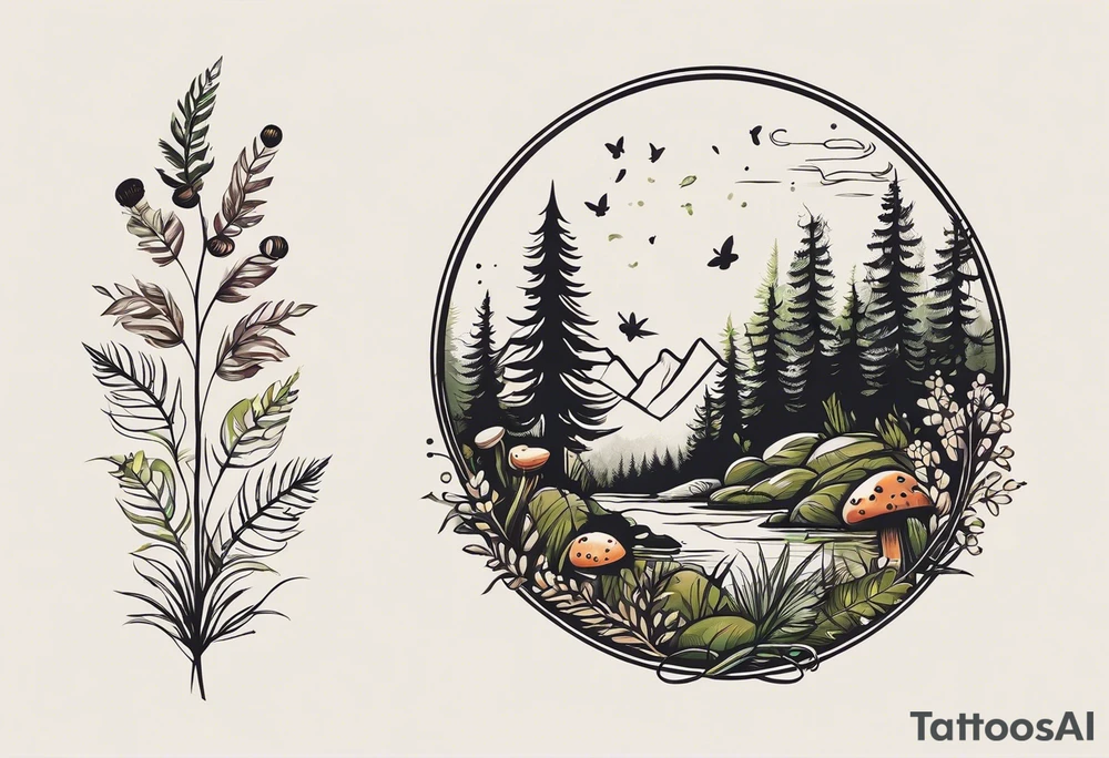 forest floor inspired minimalist tattoo, which includes grass, curly ferns, moss and dead leaves as the bulk of the tattoo. details to include: forest berries, a tiny bumblebee flying nearby, three small brown mushrooms
Generate a vertically long one tattoo idea