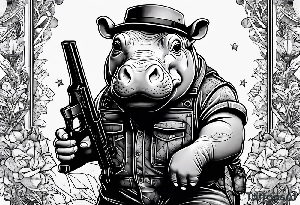 Baby hippo wearing overalls and holding a gun tattoo idea