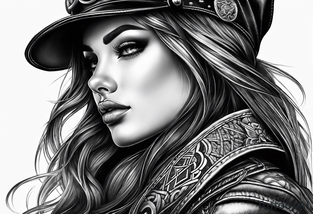 Bikergirl mit geflochtenen zöpfen tattoo idea