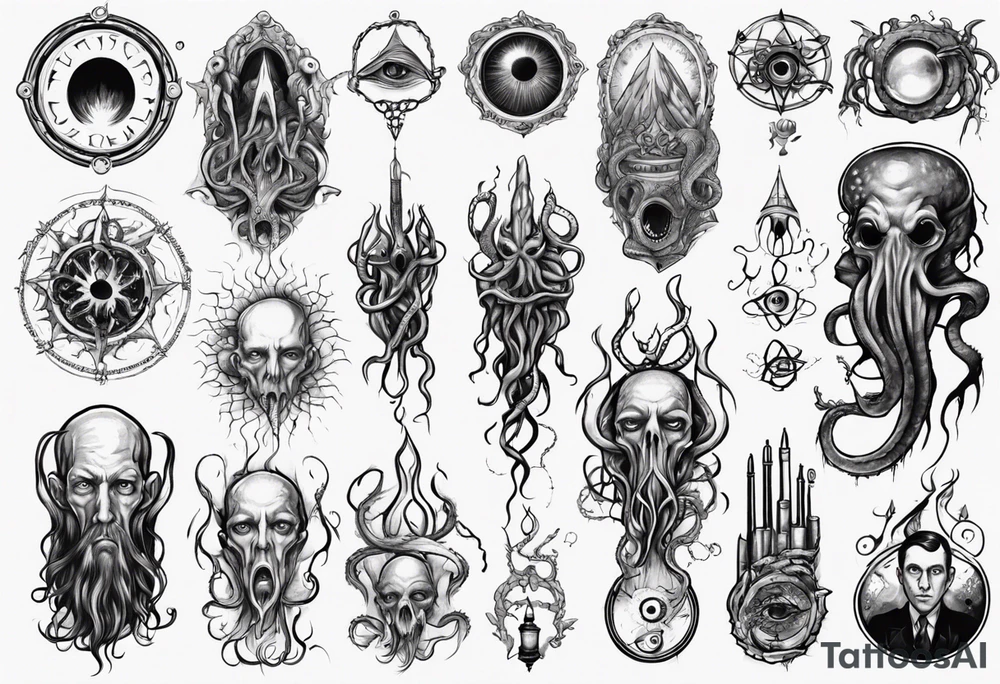 lovecraft long tattoo to put on the forearm, with eye and tentacle tattoo idea