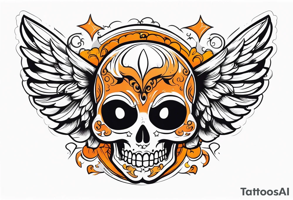 Angel skull laughing black and orange tattoo idea