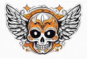 Angel skull laughing black and orange tattoo idea