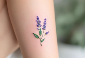 A single delicate lavender sprig in soft purple and green, with fine watercolor shading for a natural, airy look. tattoo idea