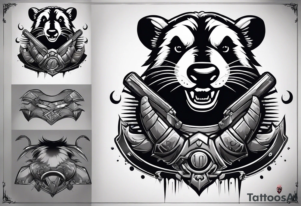 Draw me badger with aggressive full body, killer face with cute smile, very long nails and he attacks like a Turkish gladiator to enemy and also he has very deadly looking. The only weapon is his braveness he fights with his nails. tattoo idea