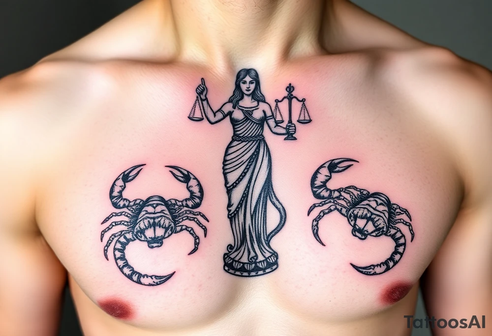 The figure of Lady Justice next to two Scorpions tattoo idea