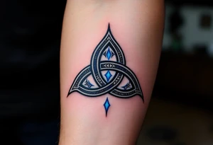 Celtic Trinity Knot (Triquetra) with Blue Accents
Intricate interwoven knot symbolizing unity of mind, body, and spirit. Inked in dark black lines with royal blue shading for depth and mysticism. tattoo idea